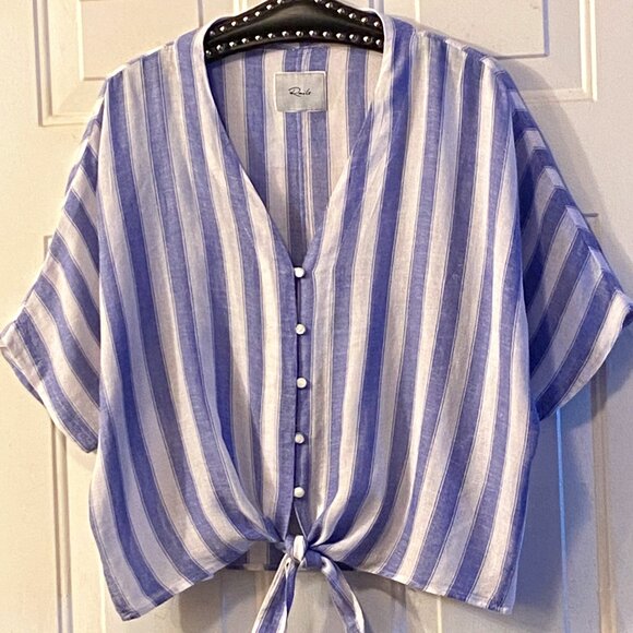 Rails Thea Sz L Blouse Button Up Tie Front Blue/White Striped Elbow Sleeve - Picture 1 of 10